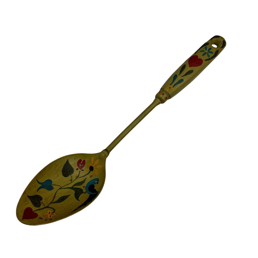 Vintage Hand Painted Folk Art Metal Spoon Blue Bird Hearts Toleware 12 Inch